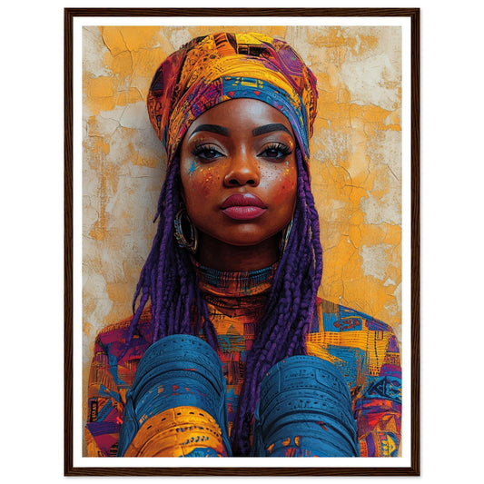 Poster encadré street art avec un cadre en bois foncé, portrait de femme au turban coloré