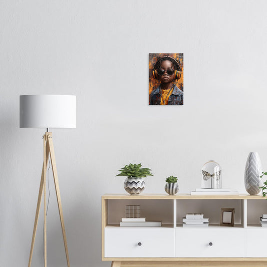 Tableau street art d'un garçon au casque audio jaune accroché dans une chambre