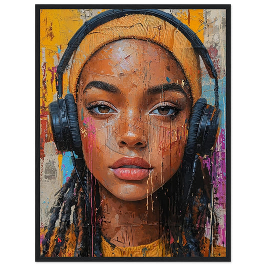 Poster encadré street art avec un cadre noir, portrait au casque audio