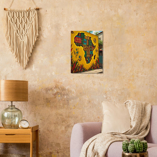 Tableau carte de l'Afrique accroché sur un mur beige au-dessus d'un fauteuil