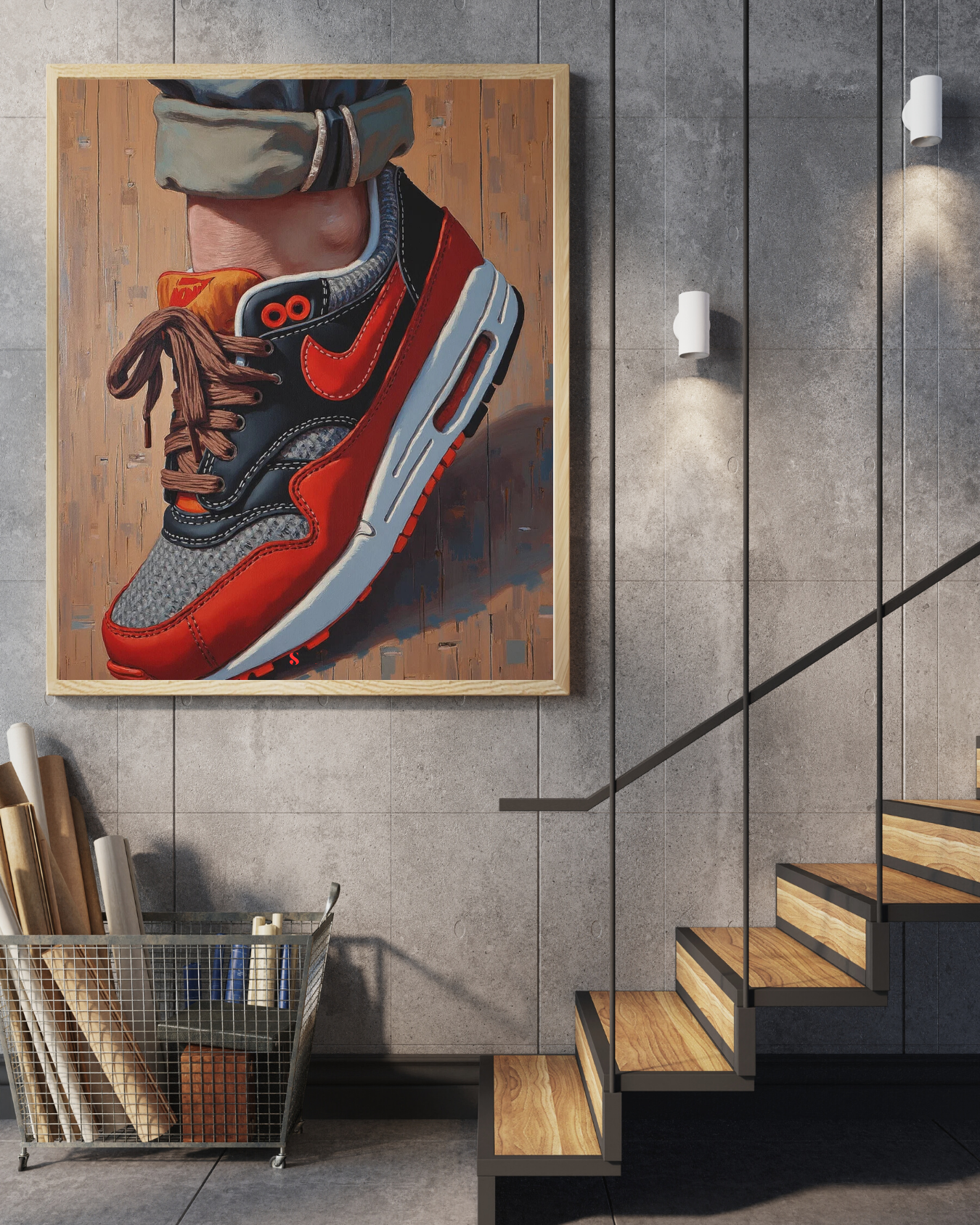 Tableau sneakers en toile - Air max 1 rouge et grise - Décoration sneakers